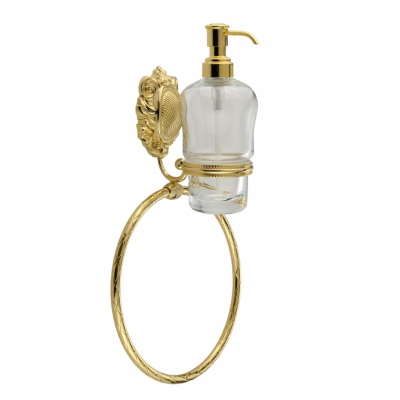 MIGLIORE Cleopatra 16683 дозатор жидкого мыла настенный с держателем полотенца, золото/прозрачное стекло с декором