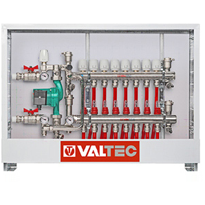 Комплект теплых полов VALTEC с насосно-смесительным узлом и шкафом ШРВ на 6 контуров до 120м2 с трубой PEX 600м (KTP06)