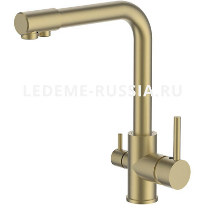 Смеситель для кухни со встроенным фильтром (краном) под питьевую воду Ledeme L4055Y-3 однорычажный поворотный, высокий, золотой сатин